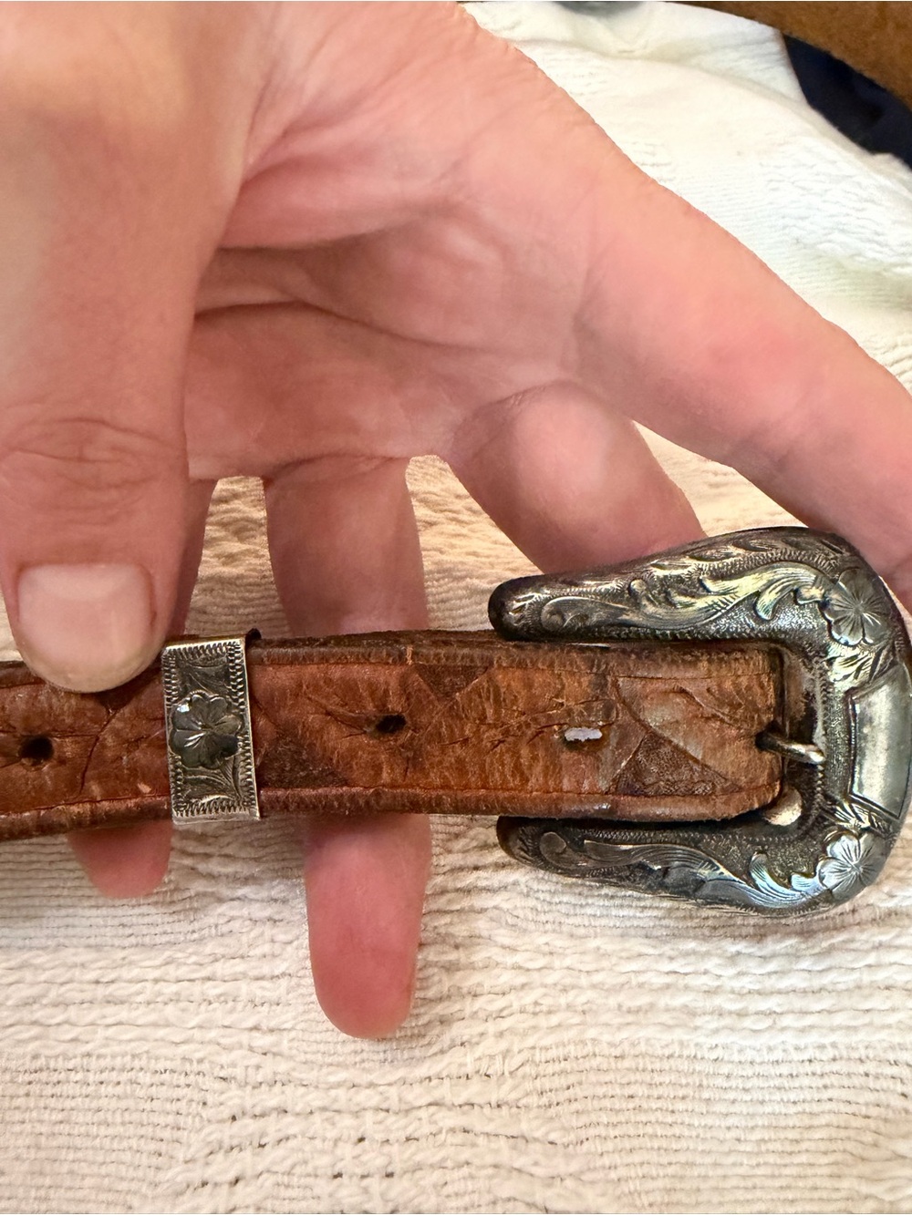 Vintage western tooled belt HIBCO 10k Sterling Silver Buckle Set carved leather - Picture 12 of 14